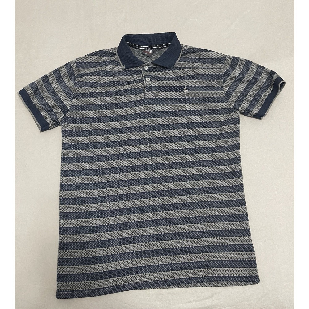 Polo Ralph Lauren Mens XXL Navy Grey Striped Honeycomb Knit Cotton Polo Shirt
